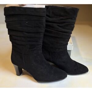 Worthington Tall Black Suede Leather Boots Side Zip‎ Heel Size 7.5M Pointed Toe